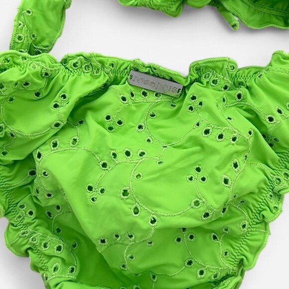 Bright green y2k scrunch frilly romantic eyelet bow European summer bikini M - Picture 6 of 7